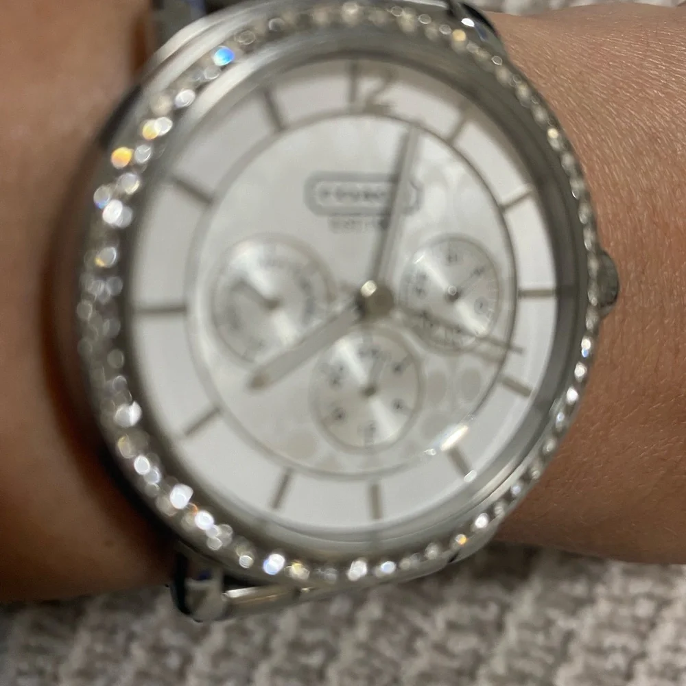 Coach Silver Stainless Steel Crystal Bezel Women's Watch New Battery